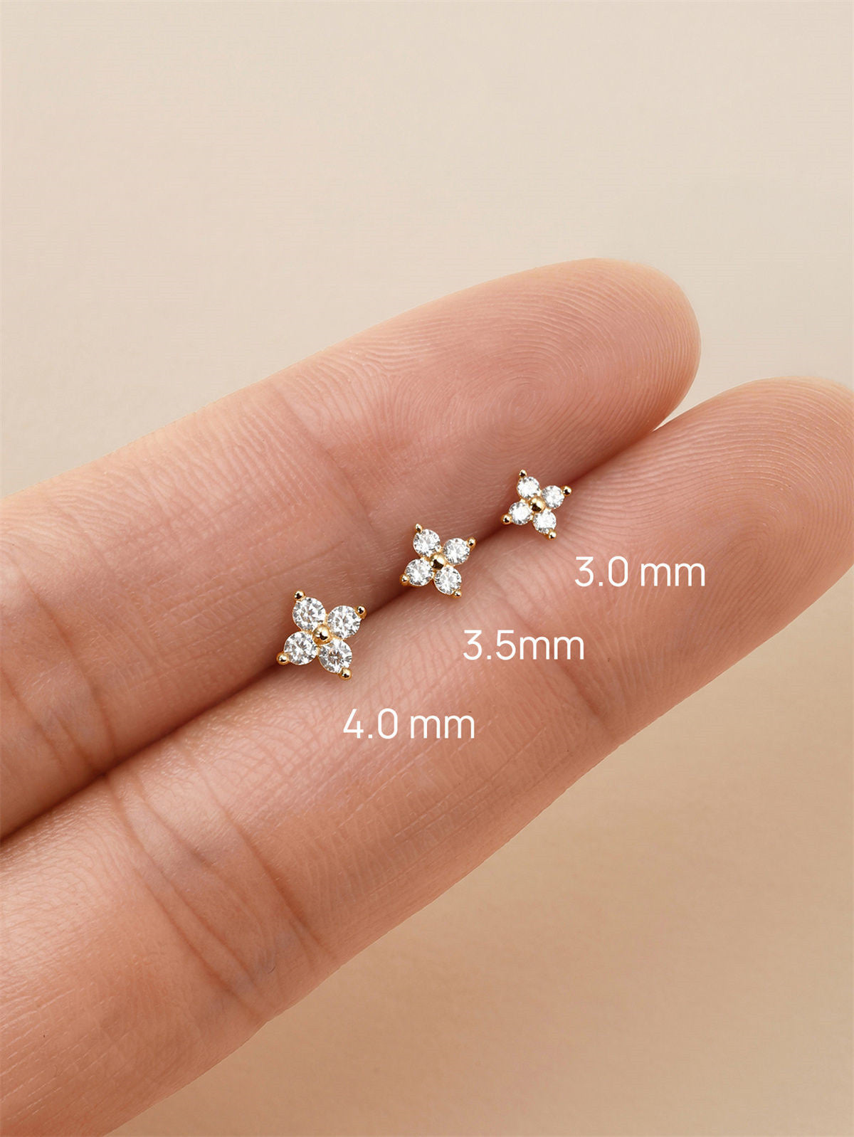 KOSINER 14K Solid Gold Four-Petal Flower Flat Back Stud, 3/3.5/4mm sizes, waterproof hypoallergenic for helix conch piercings