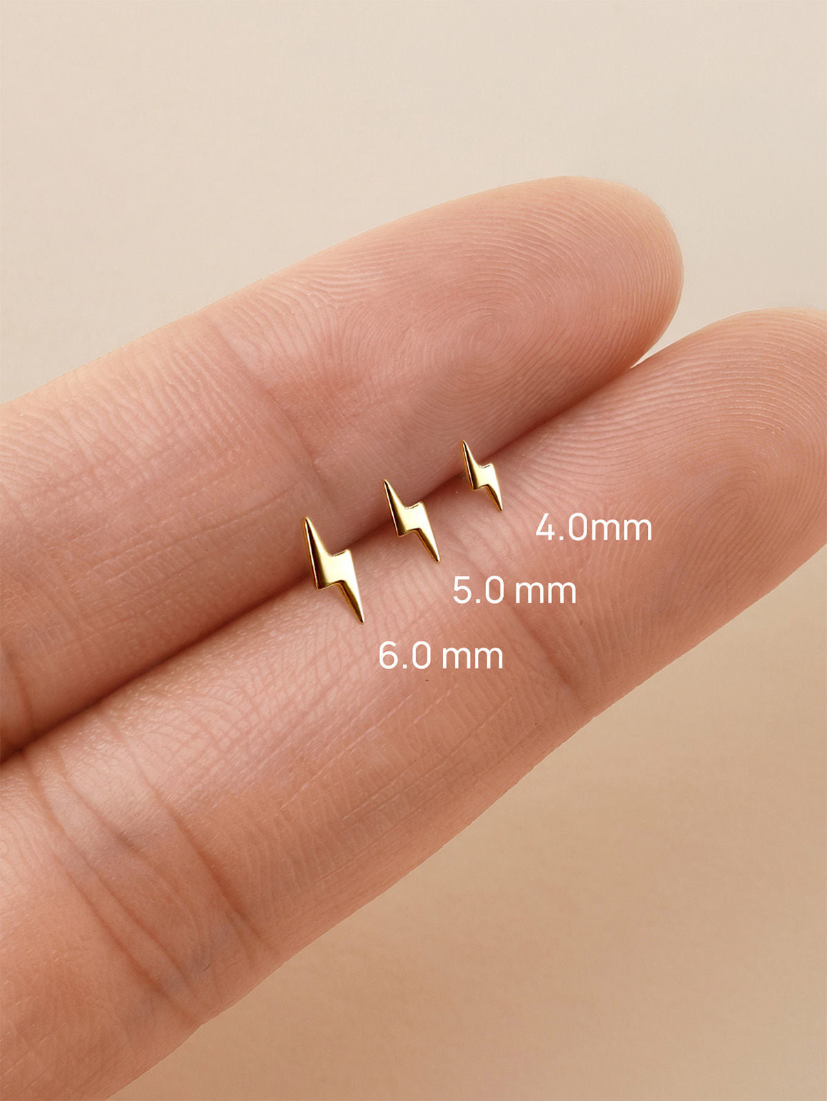 KOSINER Lightning Stud Size Guide(4.0/5.0/6.0mm), 14K Solid Gold Smooth Polished Flat Back Piercing Ear Jewelry