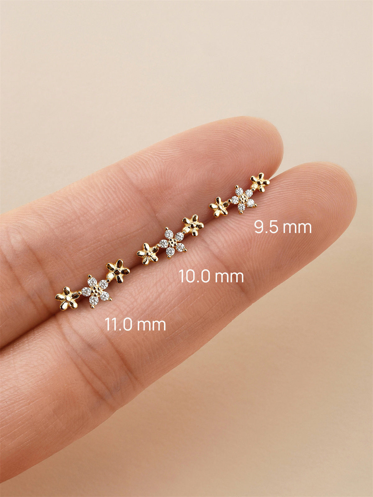 KOSINER 14K Solid Gold Flower Trio Flat Back Stud, Hypoallergenic Cartilage Earring for Helix Piercing