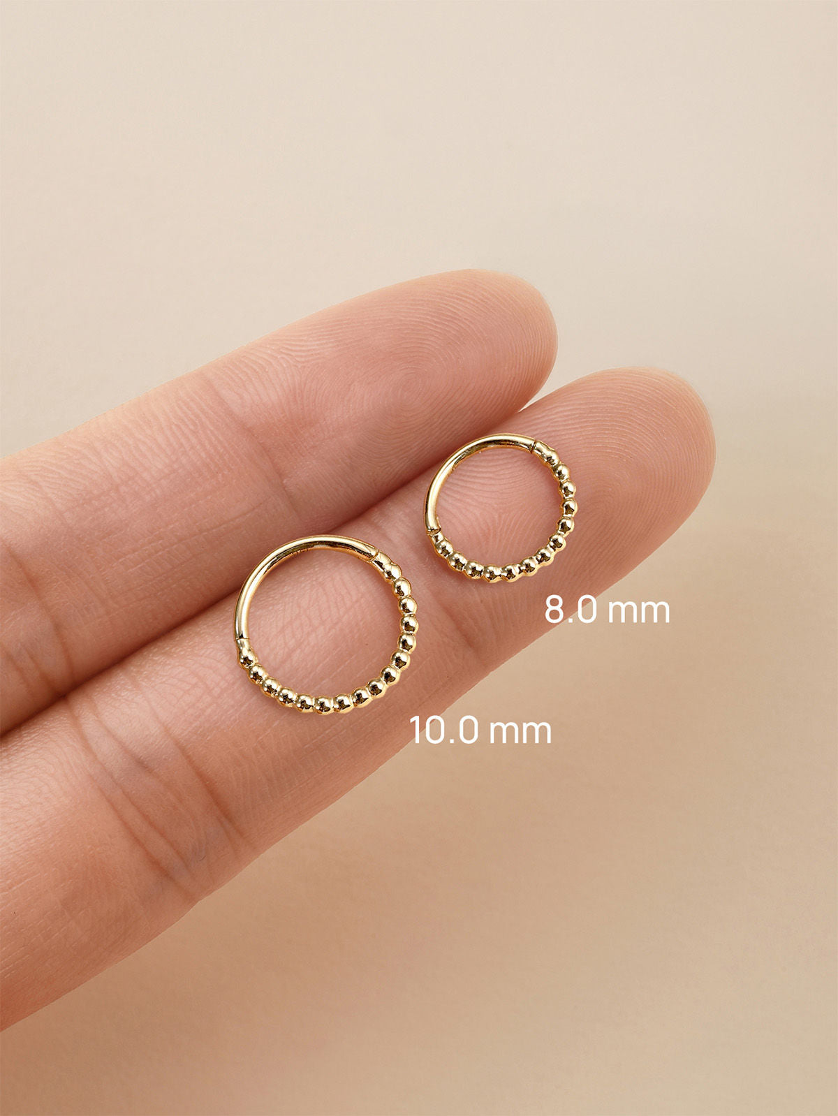 KOSINER Smooth Beaded Clicker Hoop Size Display 8.0mm & 10.0mm, 14K Solid Gold Daith Helix Piercing Ring