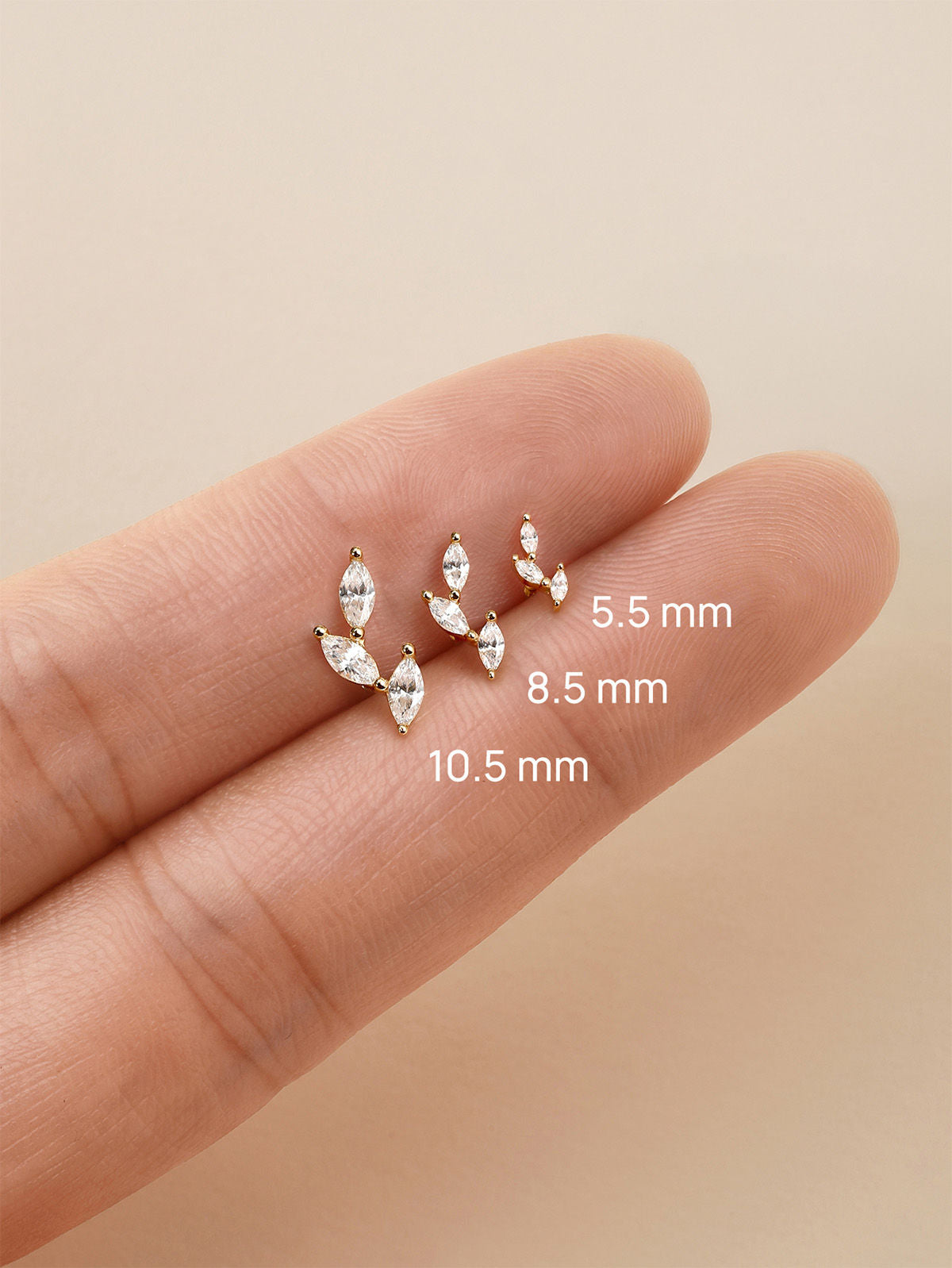 KOSINER Leaf Flat Back Stud Full Sizes 5.5mm 8.5mm 10.5mm, 14K Solid Gold Internal Thread Cartilage Piercing Stud