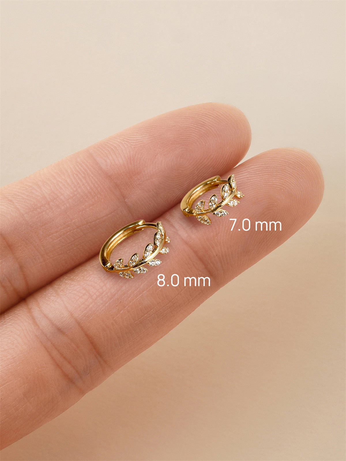 KOSINER 14K Solid Gold Delicate Leaf Huggie Hoop, 6/7/8/9mm sizes, waterproof hypoallergenic cartilage piercing earring