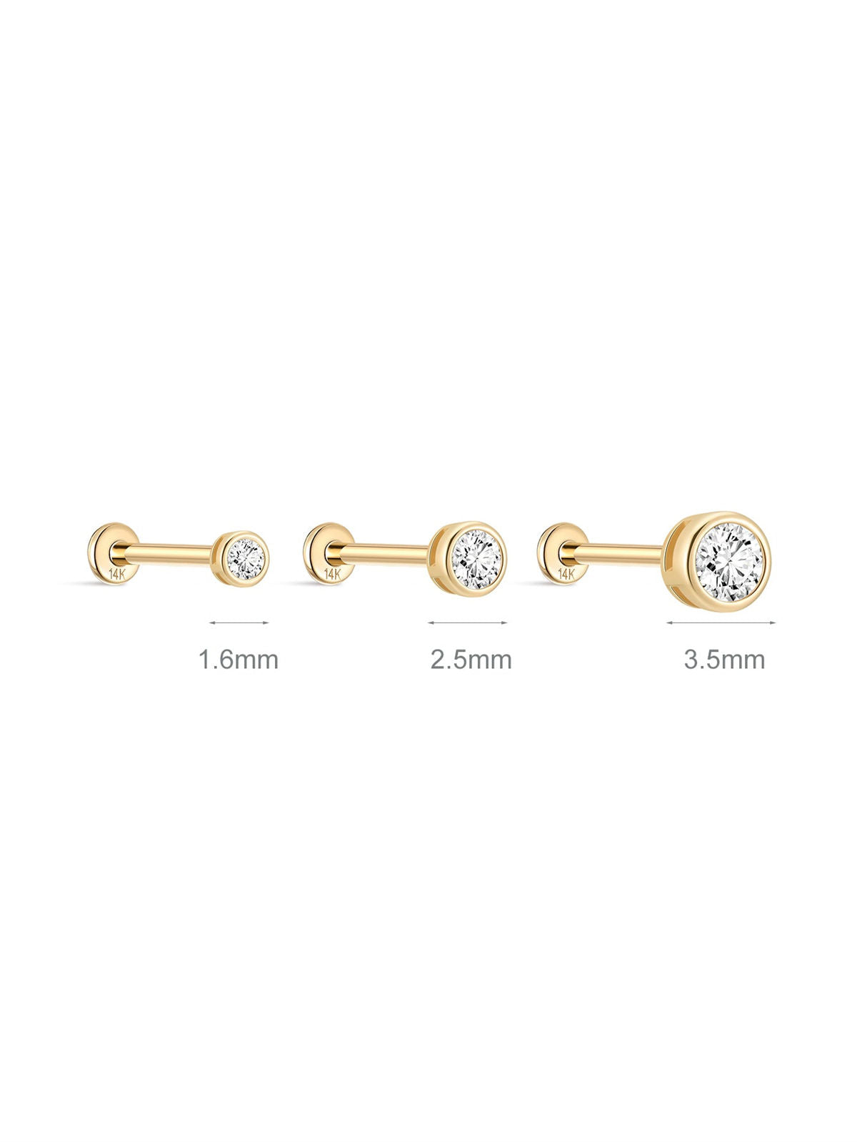 KOSINER 14K Solid Gold Dainty Bezel Flat Back Stud Waterproof Hypoallergenic Piercing Jewelry