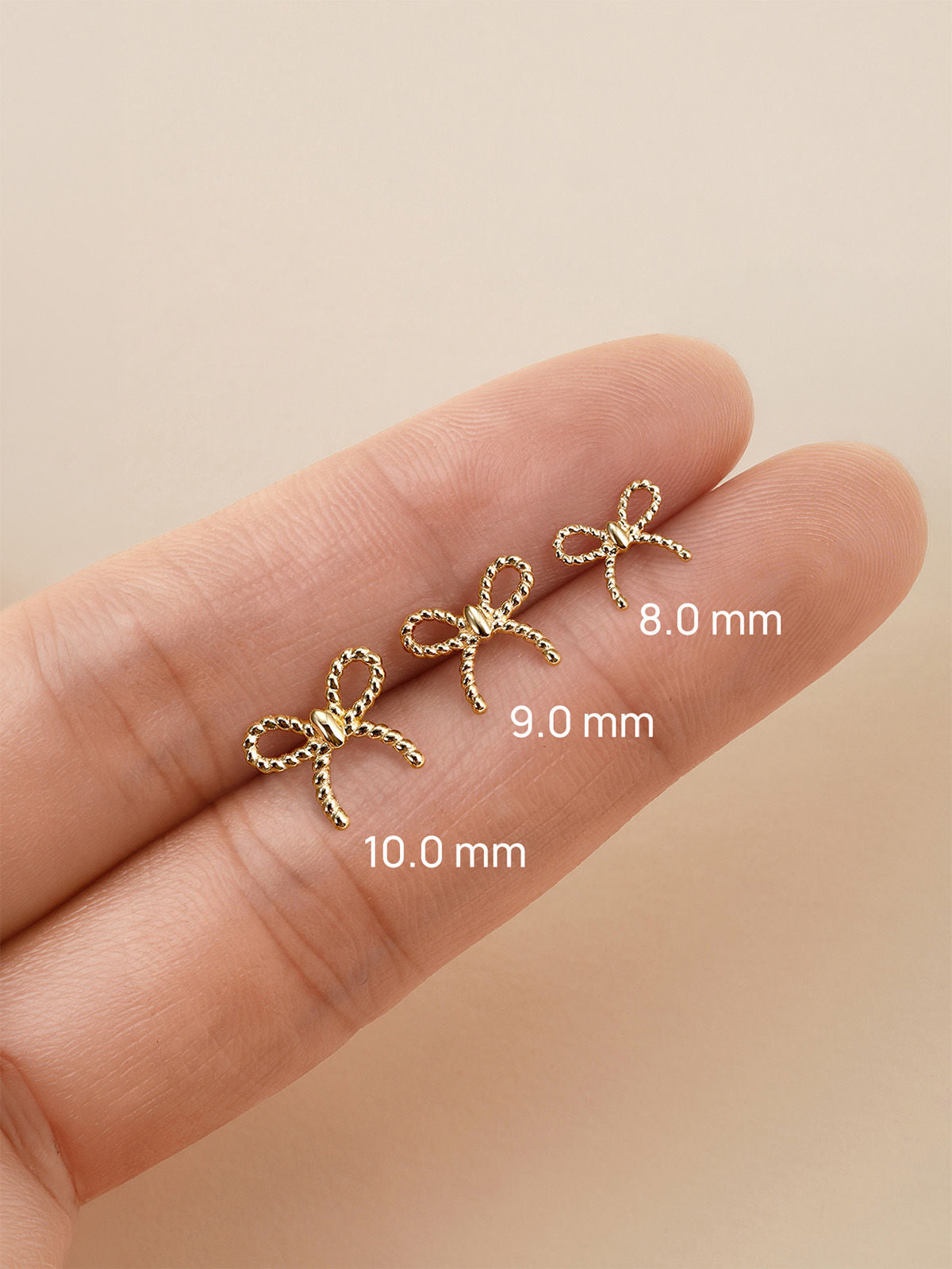 KOSINER 14K Solid Gold Elegant Textured Bowknot Flat Back Stud, Nickel-Free Waterproof Sleep Friendly Dainty Multi Piercing Jewelry for Women | 8/9/10mm
