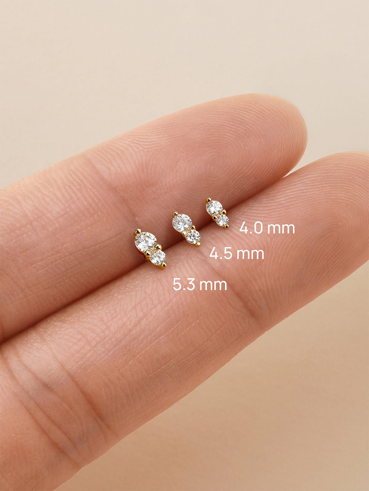 KOSINER 14K Solid Gold Double Clear CZ Ear Stud, Internally Threaded Flat Back Piercing Jewelry