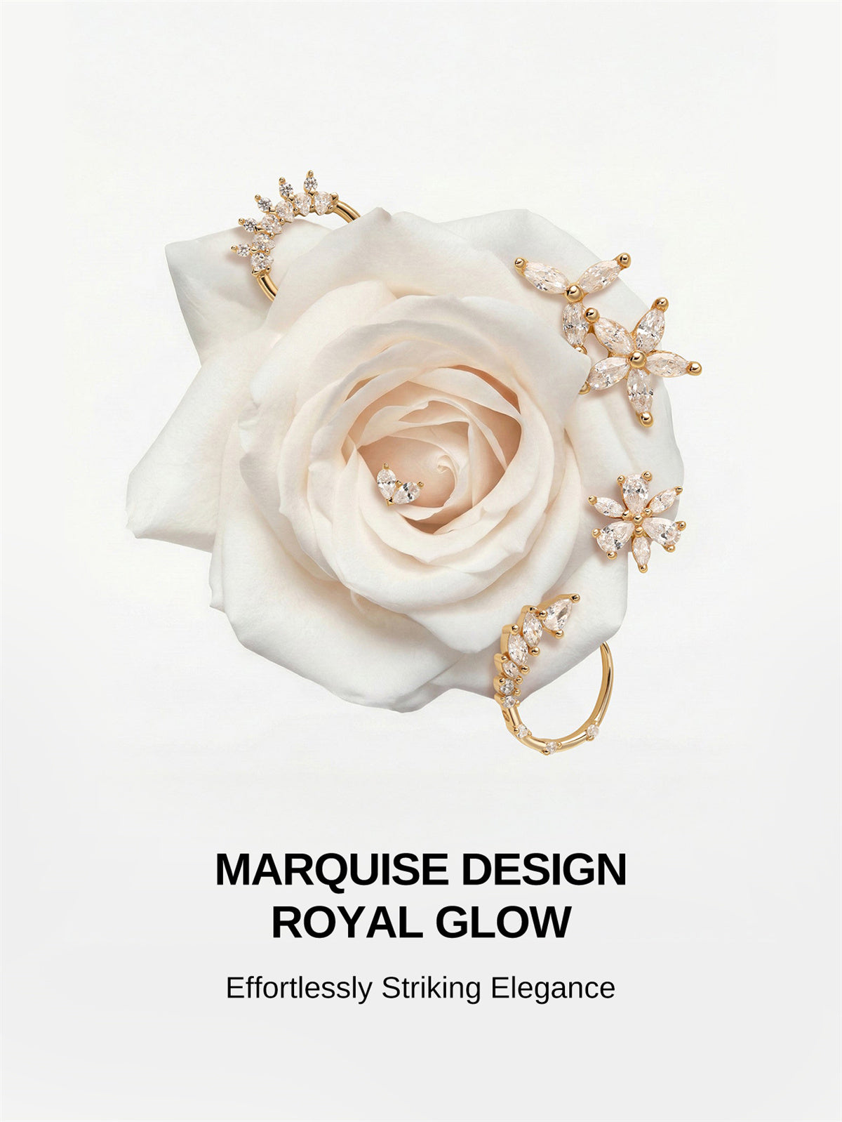 KOSINER marquise design royal glow ear piercing collection displayed on fresh white rose, elegant cubic zirconia 14K solid gold ear jewelry set