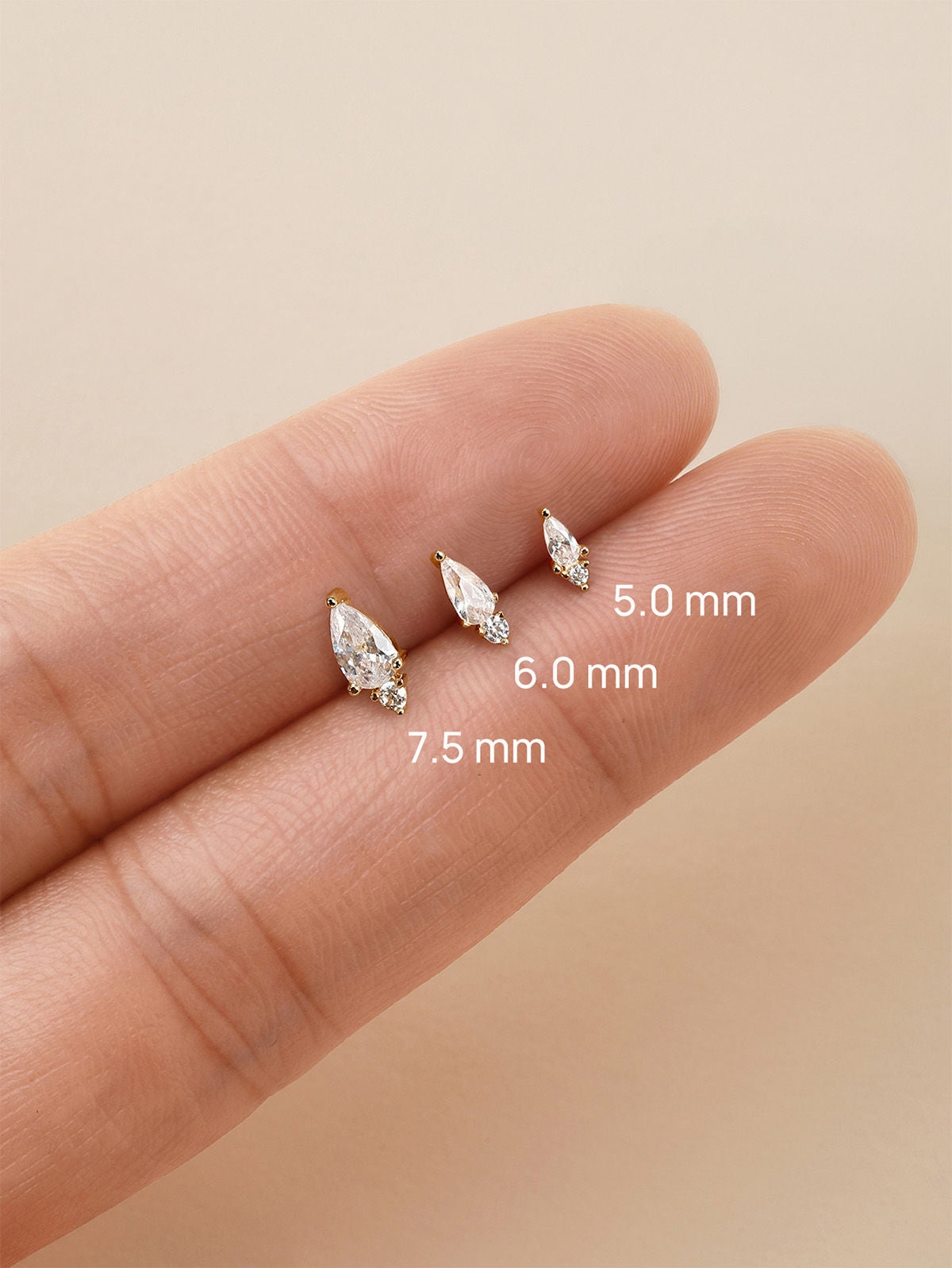 KOSINER Minimal Pear Flat Back Stud Full Sizes 5.0mm 6.0mm 7.5mm, 14K Solid Gold Internal Thread Cartilage Piercing Earring