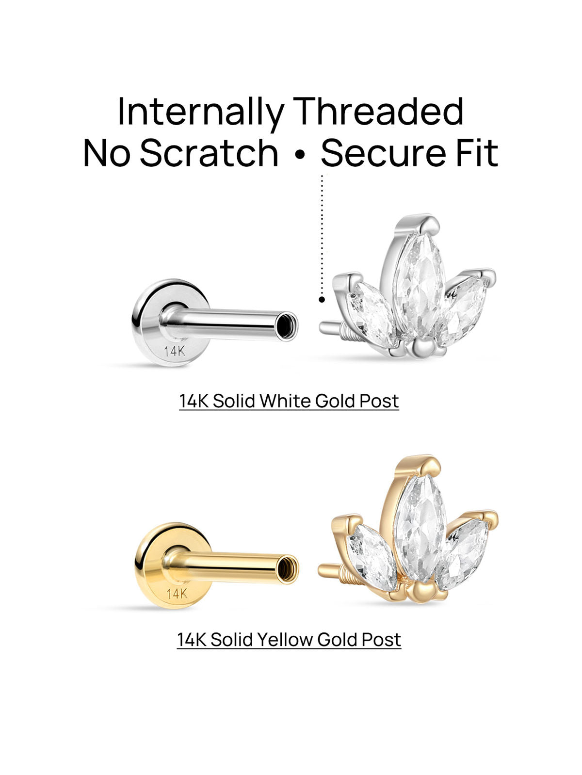 KOSINER Gold marquise trio flat back stud, safe for sensitive skin, waterproof for everyday wear
