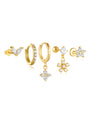 Gold 925 sterling silver earring set with zircon: marquise studs, pave hoop, floral & clover charms. Product showcase.
