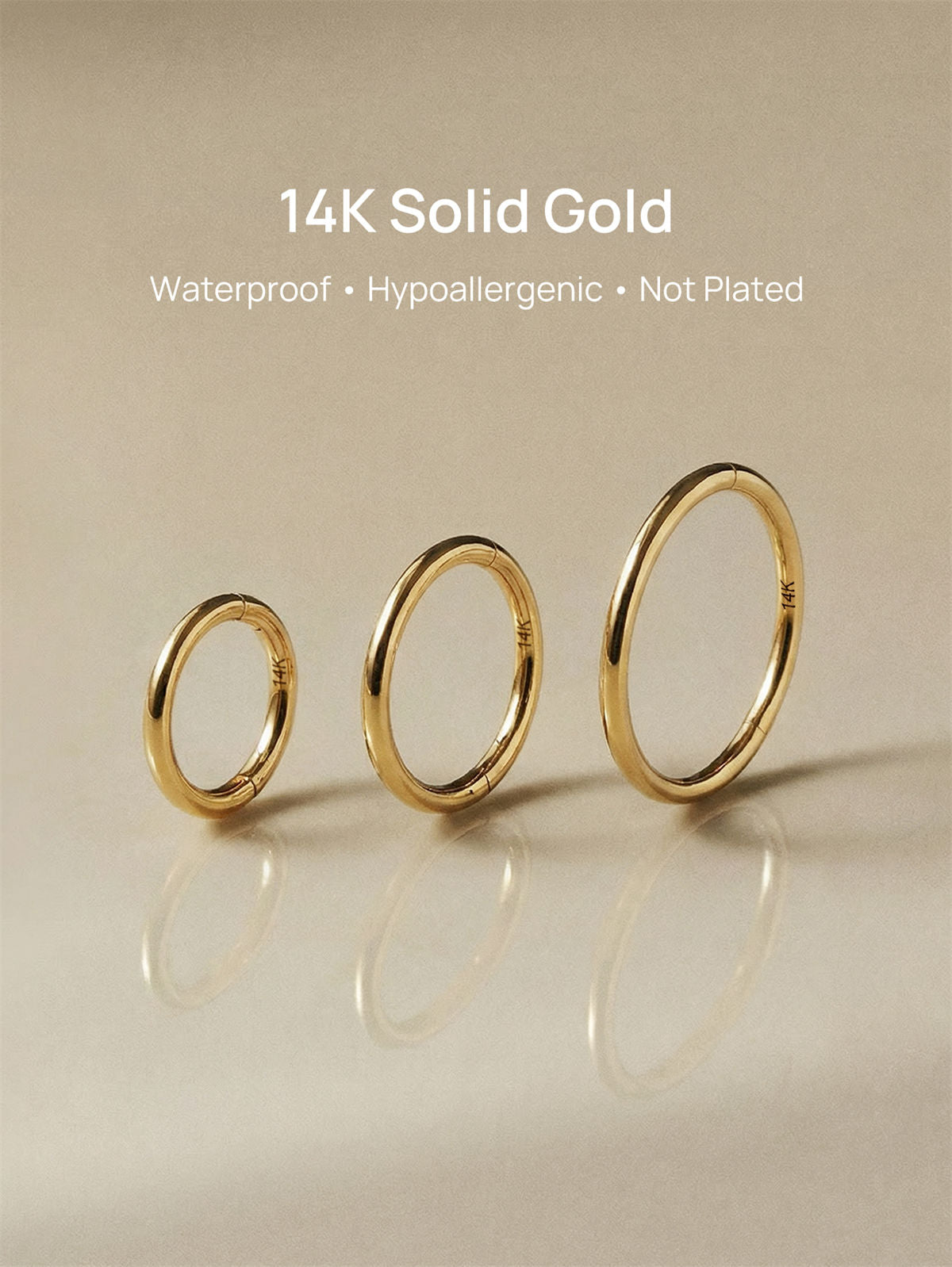 KOSINER 14K solid gold minimalist hoop earrings, seamless hinged clasp, hypoallergenic, tarnish-proof and not plated