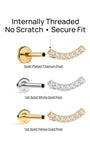 KOSINER 14K Solid Gold Elegant Pave Curved Flat Back Stud, six round gemstones, polished finish