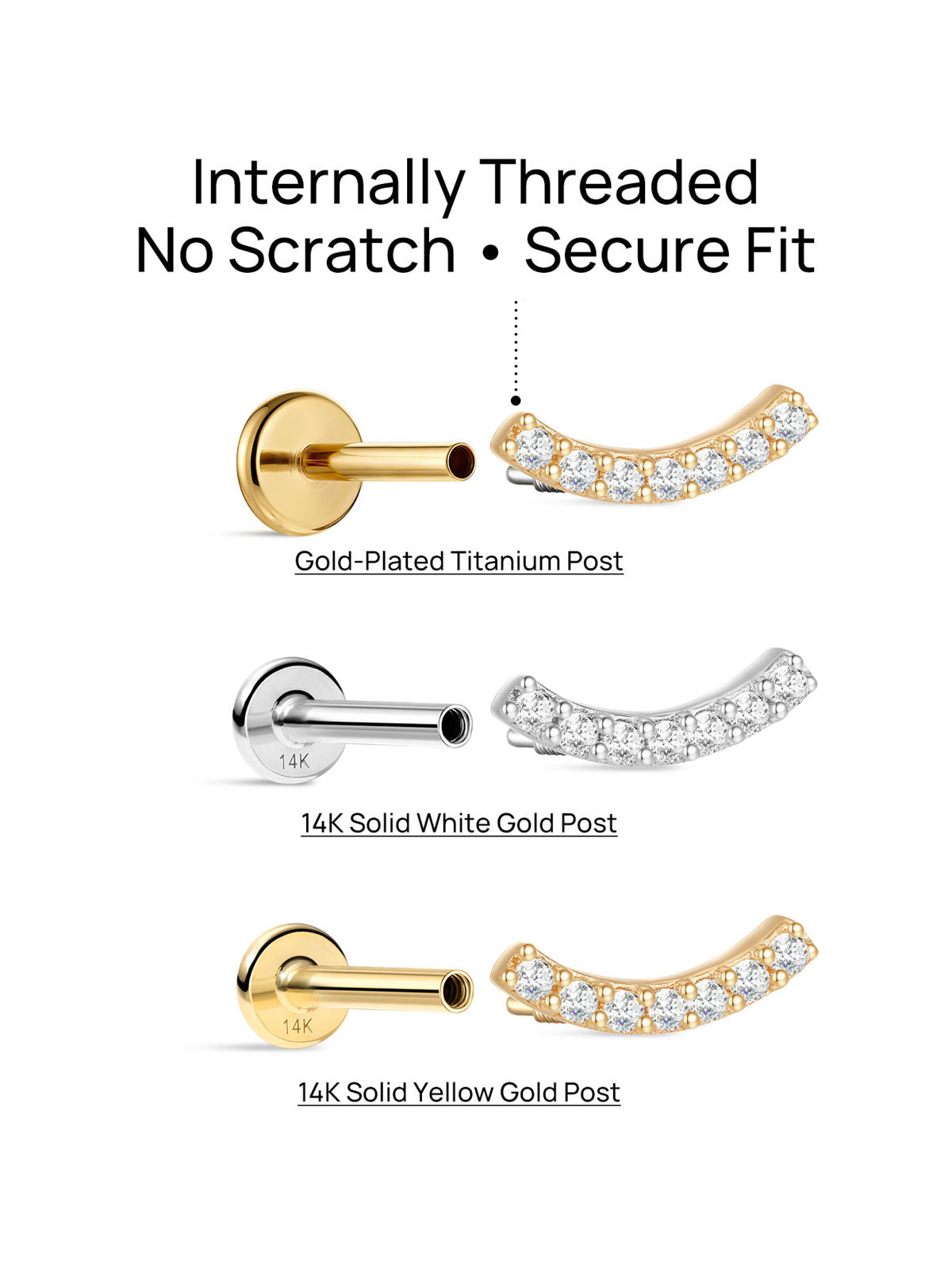 KOSINER 14K Solid Gold Elegant Pave Curved Flat Back Stud, six round gemstones, polished finish