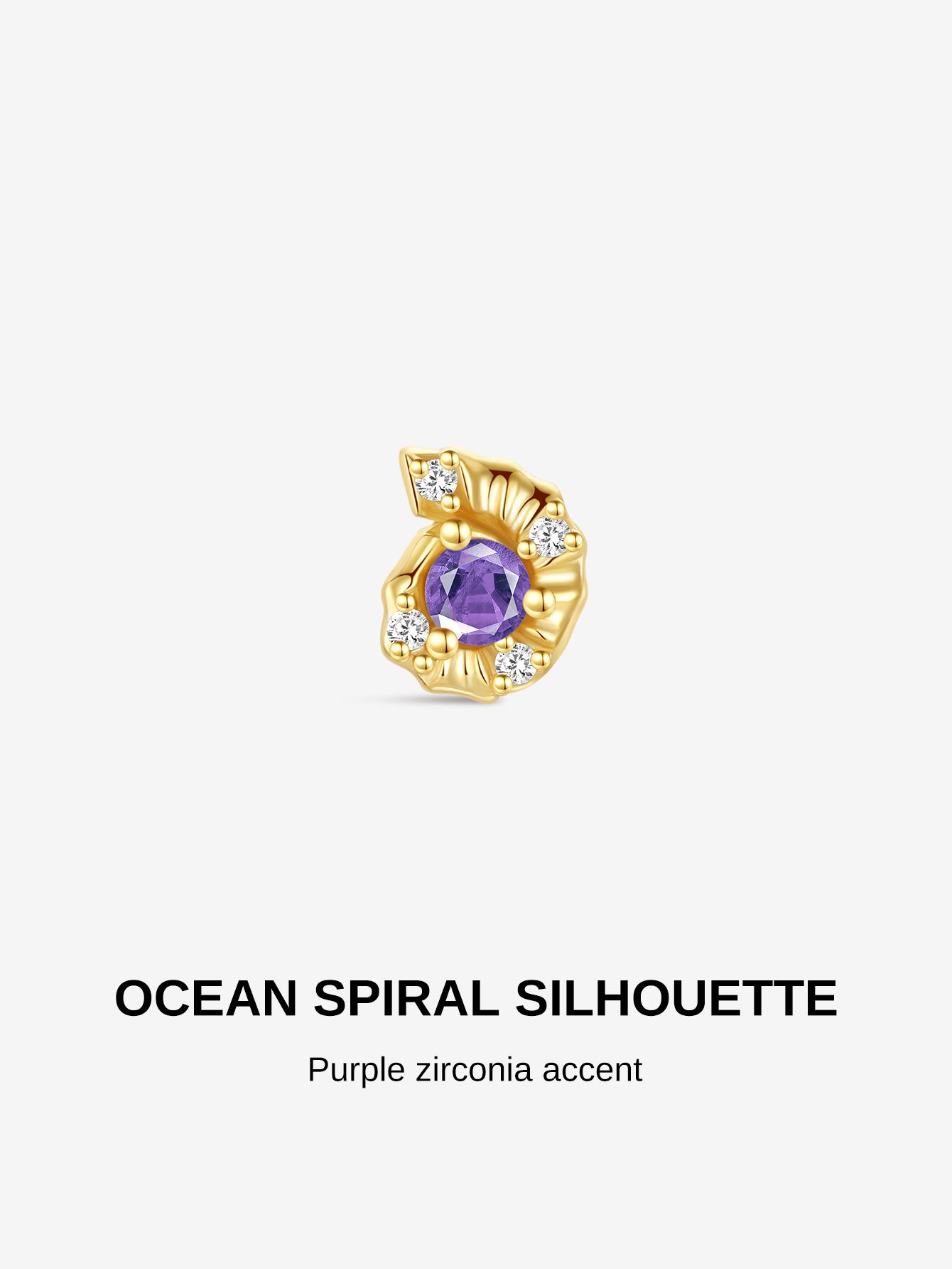 KOSINER Delicate ocean spiral conch silhouette flatback stud with sparkling purple zirconia
