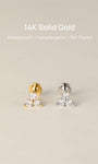 Minimalist three-stone flat back piercing stud, 4.1mm height, waterproof and sleep-friendly, delicate triangular shape for curated ear stack