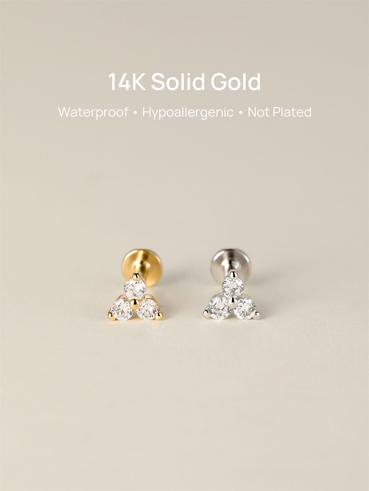 Minimalist three-stone flat back piercing stud, 4.1mm height, waterproof and sleep-friendly, delicate triangular shape for curated ear stack