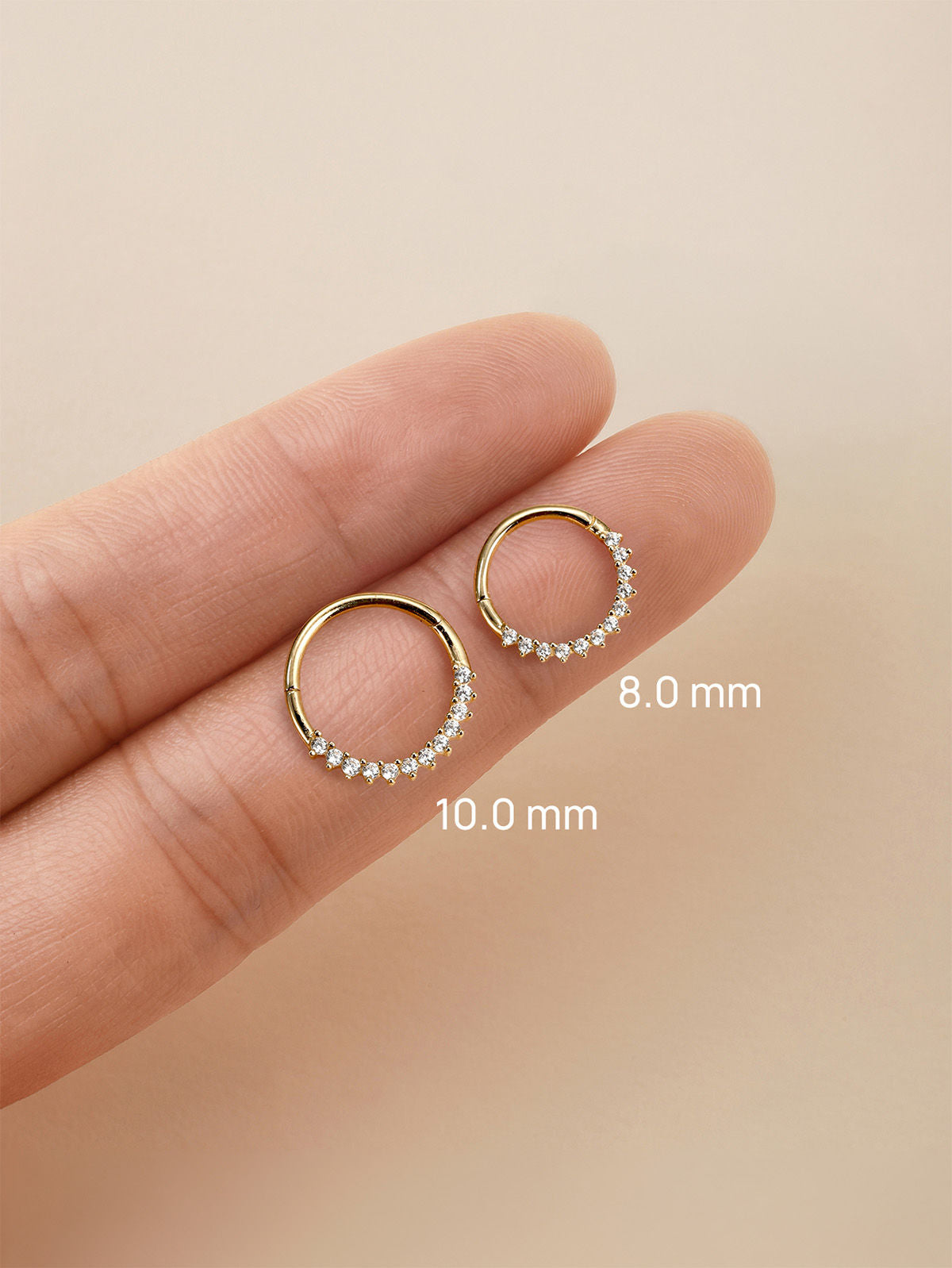 KOSINER Daith Clicker Size Guide 8.0mm & 10.0mm, 14K Solid Gold Half Cluster CZ Piercing Hoop