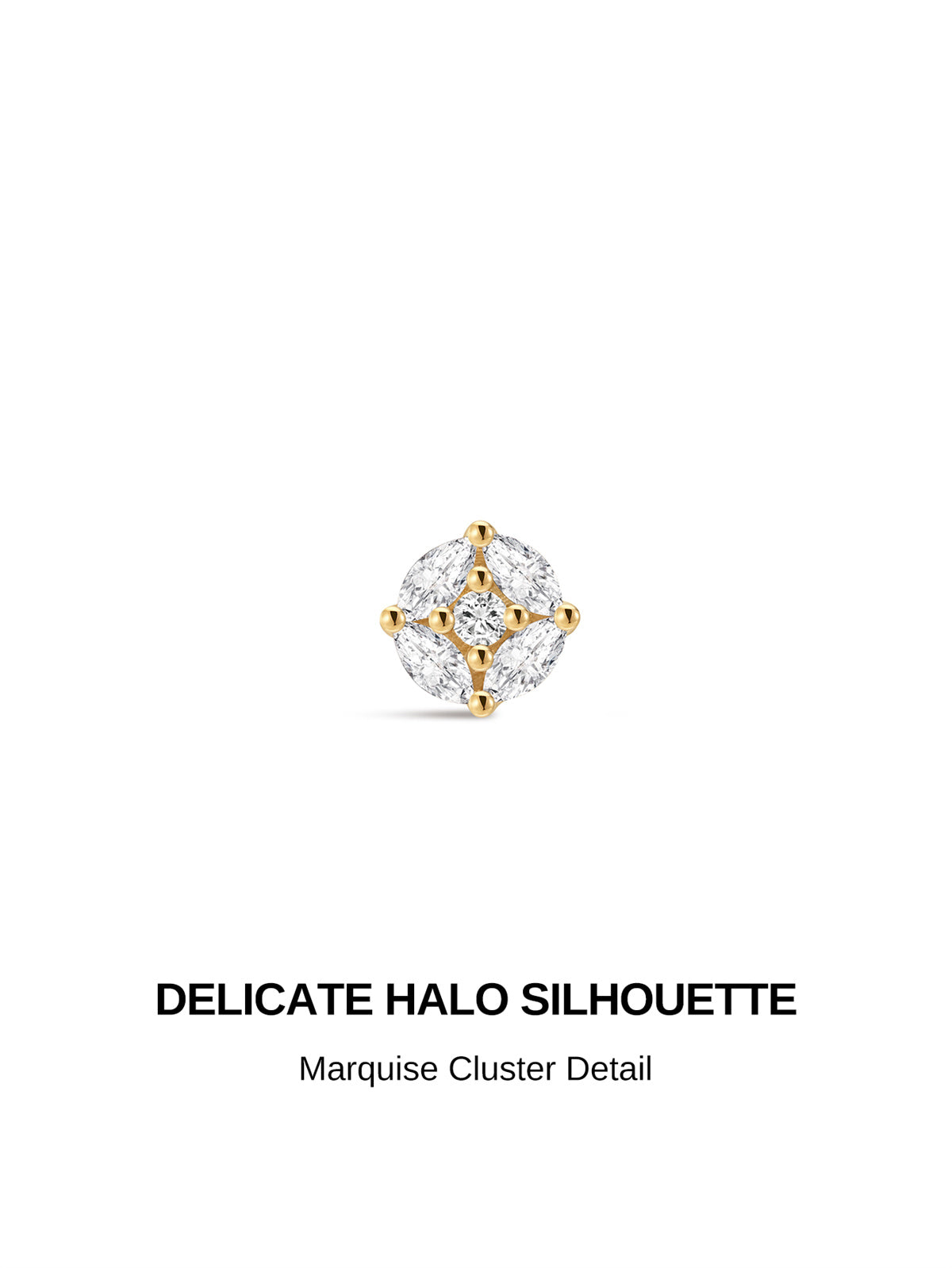 KOSINER delicate halo silhouette 14K solid gold flat back piercing stud, marquise cz cluster detail minimal cartilage earring design
