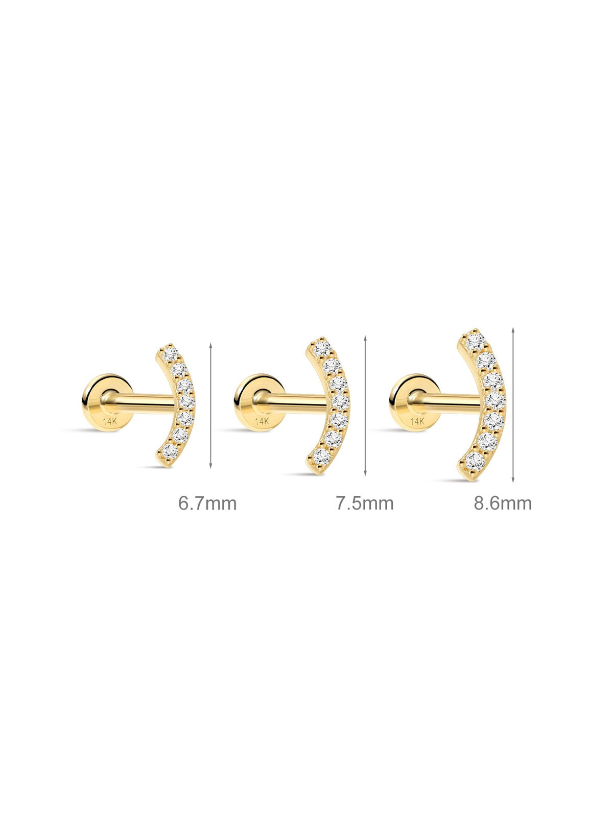 KOSINER 14K Solid Gold Elegant Pave Curved Flat Back Stud with CZ