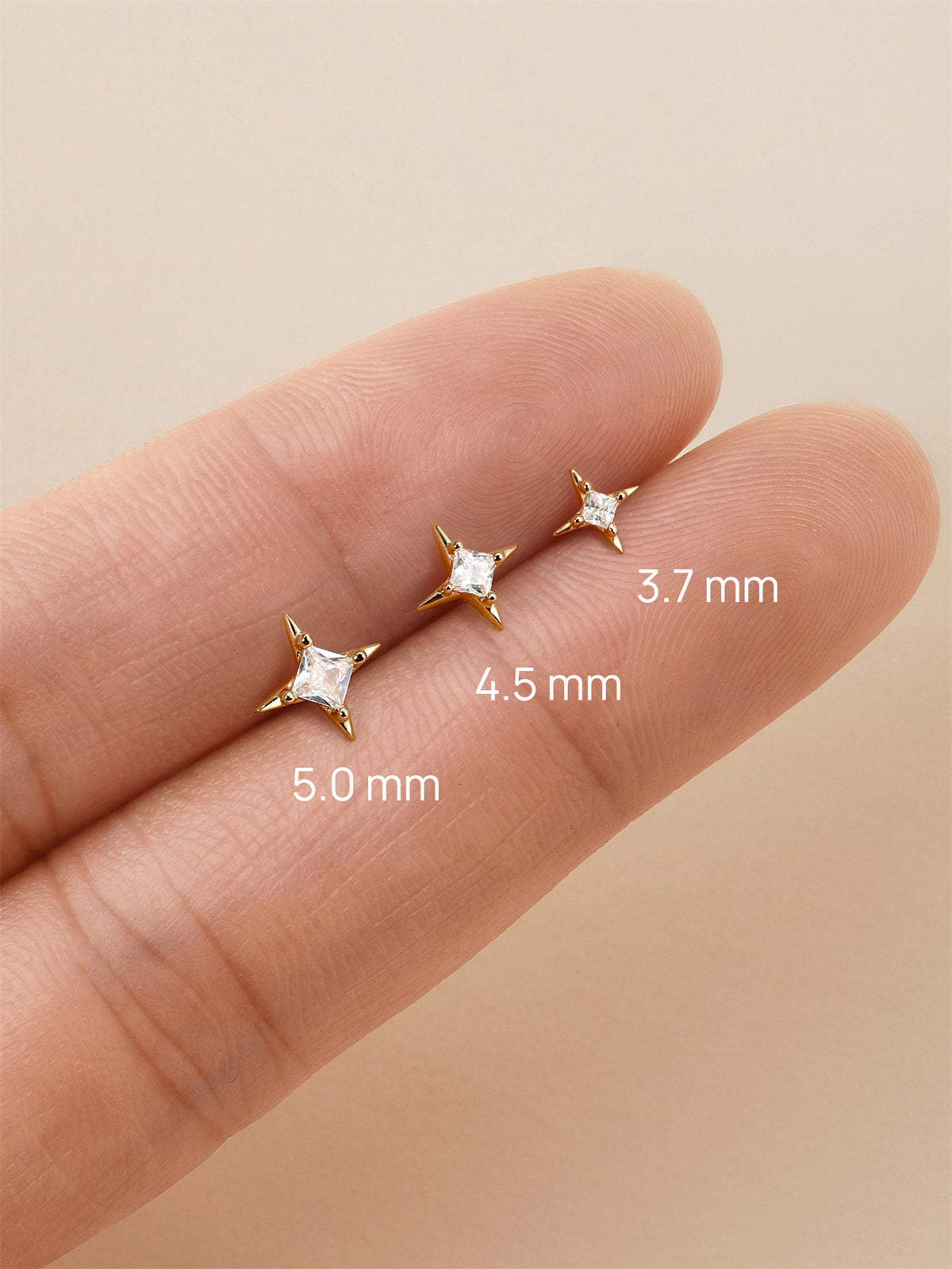KOSINER Four-Point Star Stud Size Guide (3.7/4.5/5.0mm), 14K Gold Flat Back Piercing Earring