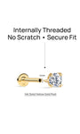 Technical exploded diagram displaying internally threaded construction of KOSINER diamond stud, text: Internally Threaded No Scratch • Secure Fit, annotated 1mm thread diameter with 14K solid yellow gold post labeled