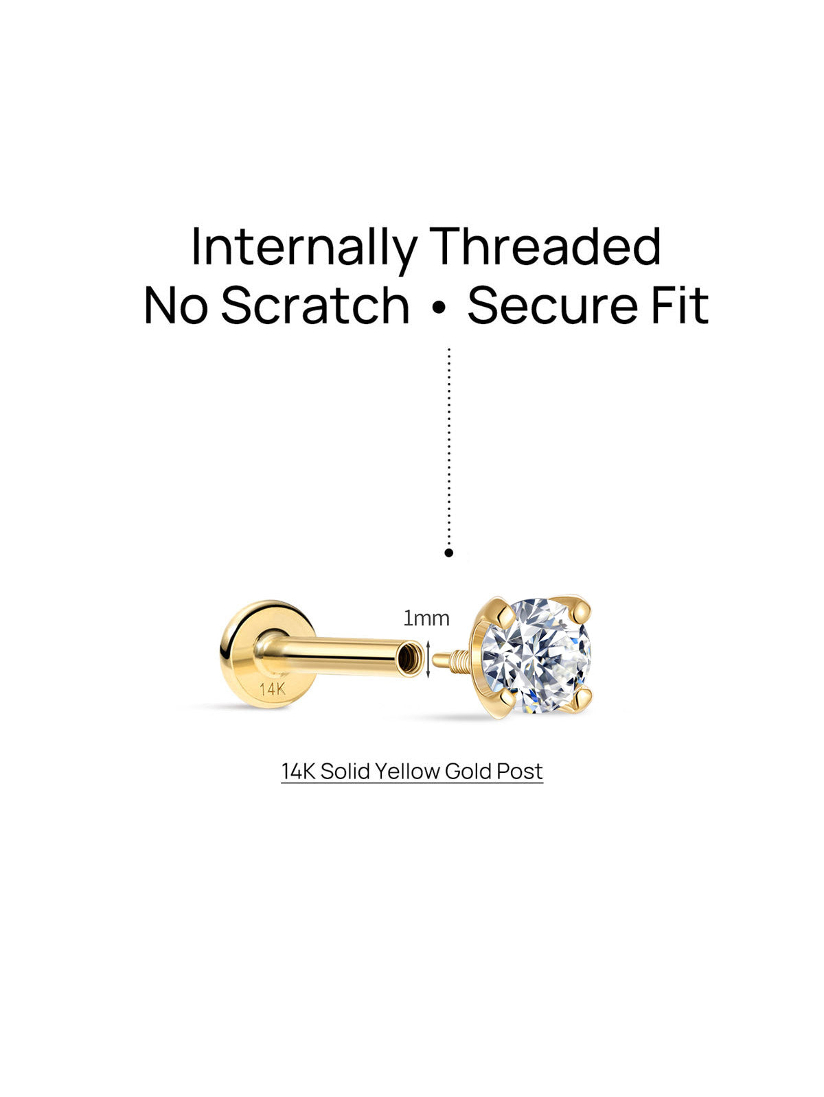 Technical exploded diagram displaying internally threaded construction of KOSINER diamond stud, text: Internally Threaded No Scratch • Secure Fit, annotated 1mm thread diameter with 14K solid yellow gold post labeled