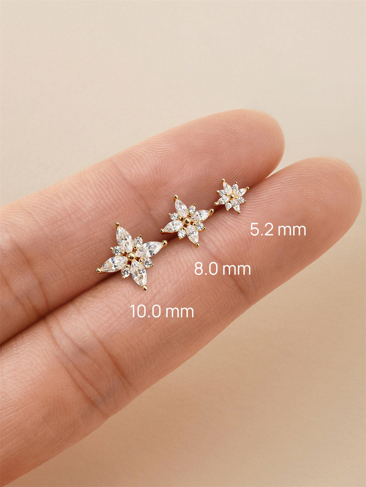 KOSINER Floral Stud Size Guide (5.2/8.0/10.0mm), 14K Gold Flat Back Piercing Earring
