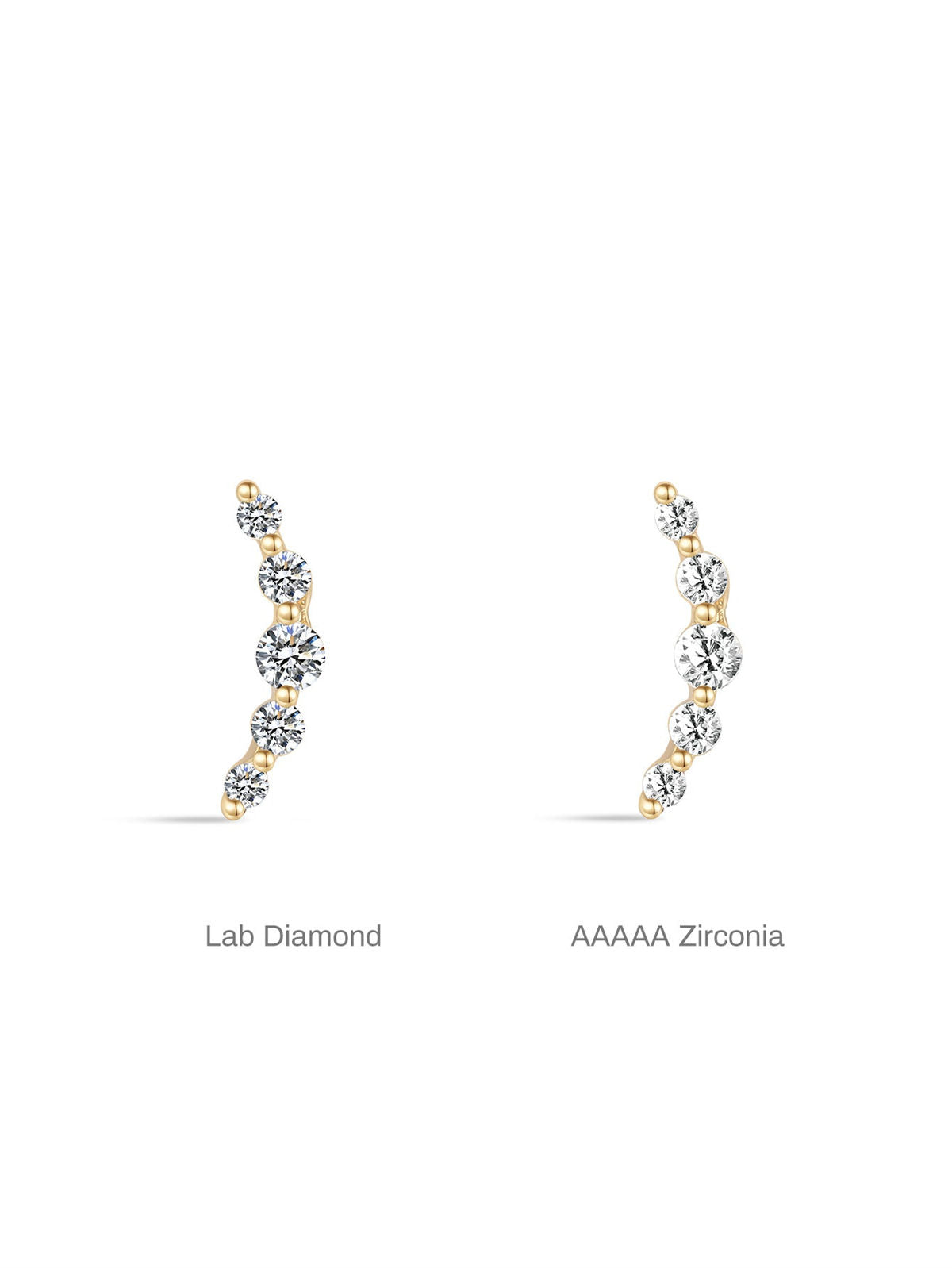 KOSINER 14K Solid Gold Dainty Pave Crescent Flat Back Stud, five graduated round stones, internally threaded, available in lab diamond or AAAAA zirconia