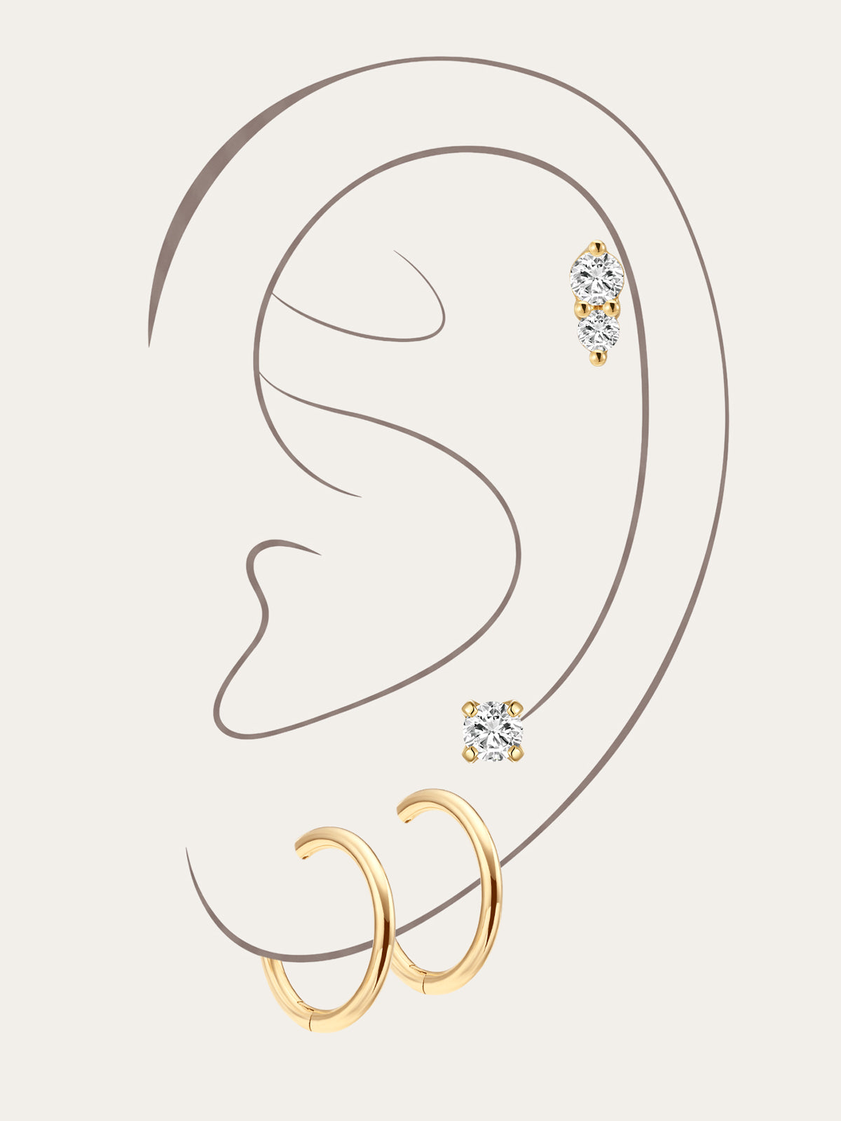 Kosiner 14K Solid Gold Flatback Earrings Ear Stack with CZ Studs and Mini Hoops on Ea