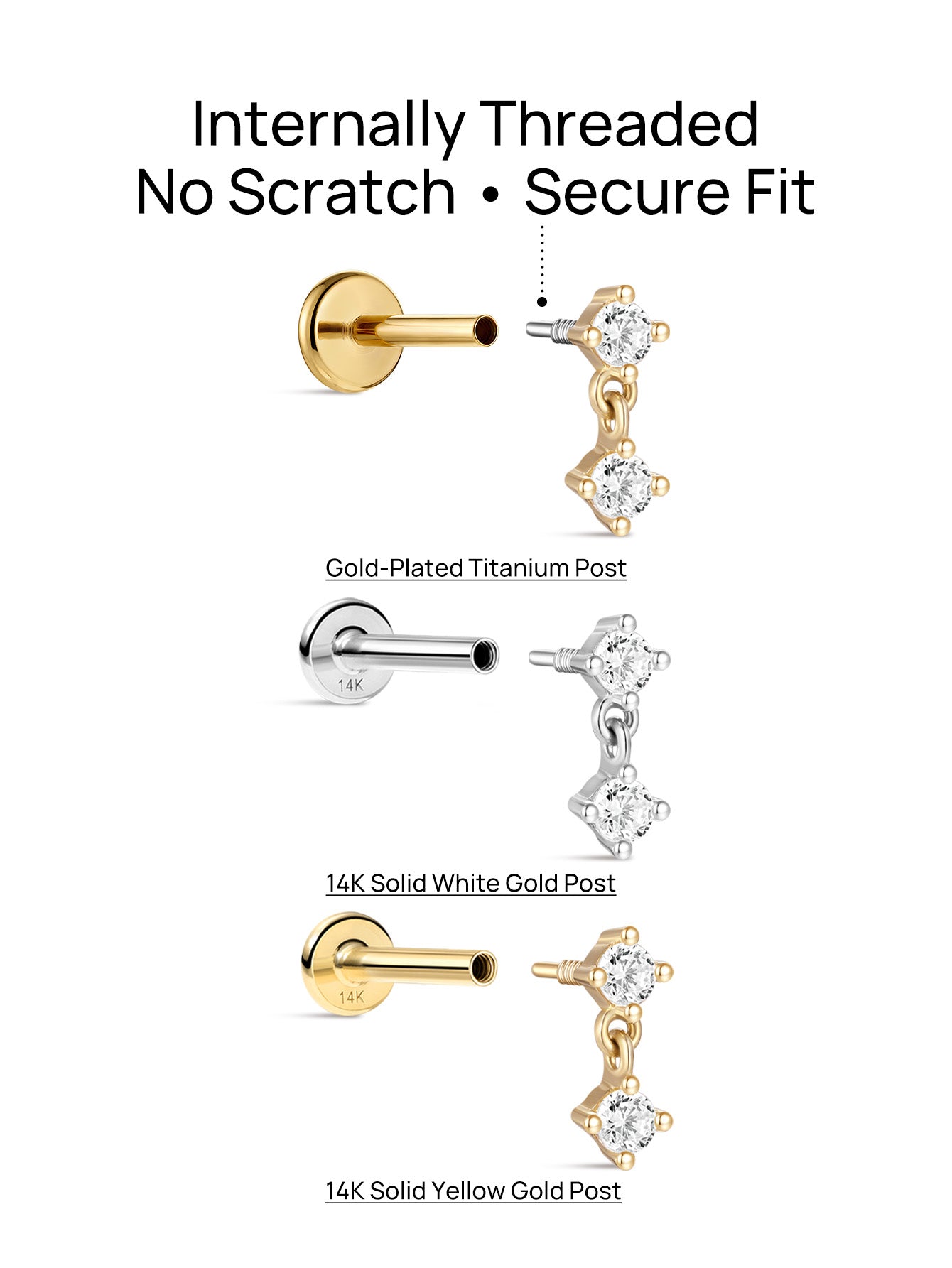 Mini clou de perçage d'oreille pendentif en or massif 14 carats