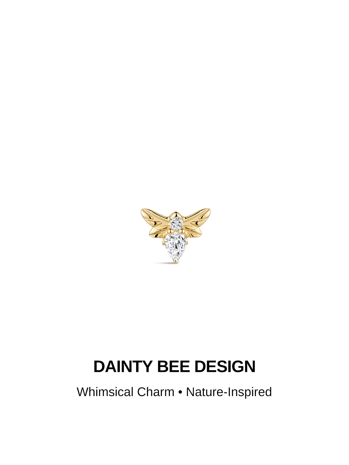 DAINTY BEE DESIGN 14K gold bee flat back piercing stud, nature inspired whimsical tiny bee cartilage jewelry, minimal text banner