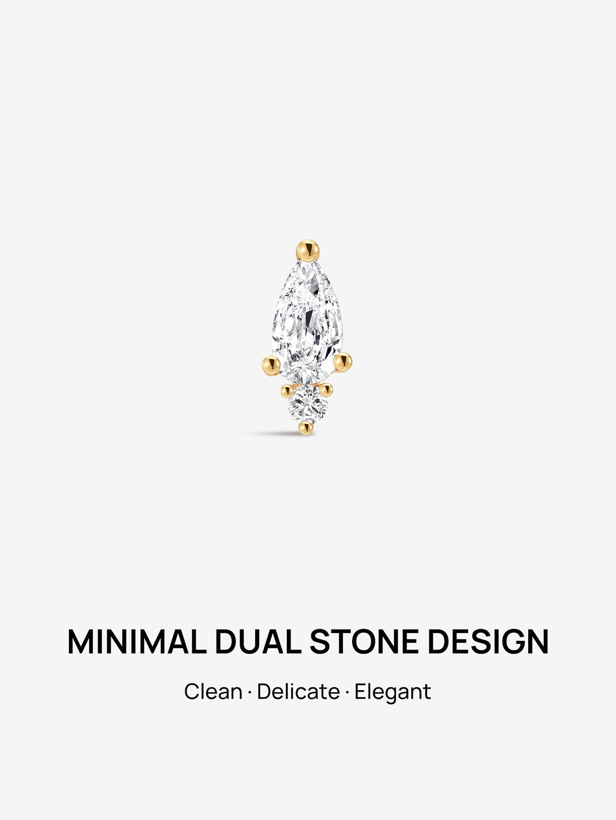 KOSINER 14K Solid Gold Minimalist Two Stone Pear Cut Flat Back Piercing Stud, Nickel-Free Waterproof Dainty Elegant Cartilage Earring for Multi Piercing