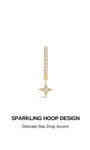 Gold plated 925 sterling silver Starlight delicate star drop hoop earring closeup, full pave clear cubic zirconia band with four-point star charm, sparkling minimalist ear jewelry design graphic