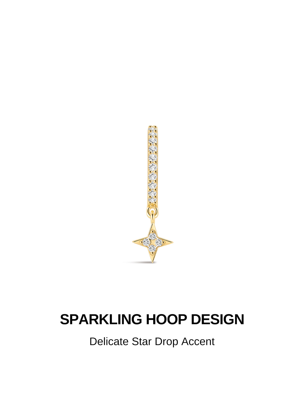 Gold plated 925 sterling silver Starlight delicate star drop hoop earring closeup, full pave clear cubic zirconia band with four-point star charm, sparkling minimalist ear jewelry design graphic