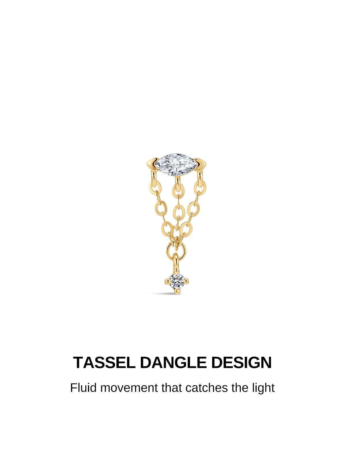 TASSEL DANGLE DESIGN promotional banner, 14K solid gold multi‑chain tassel CZ dangling flat back stud, fluid moving delicate piercing jewelry