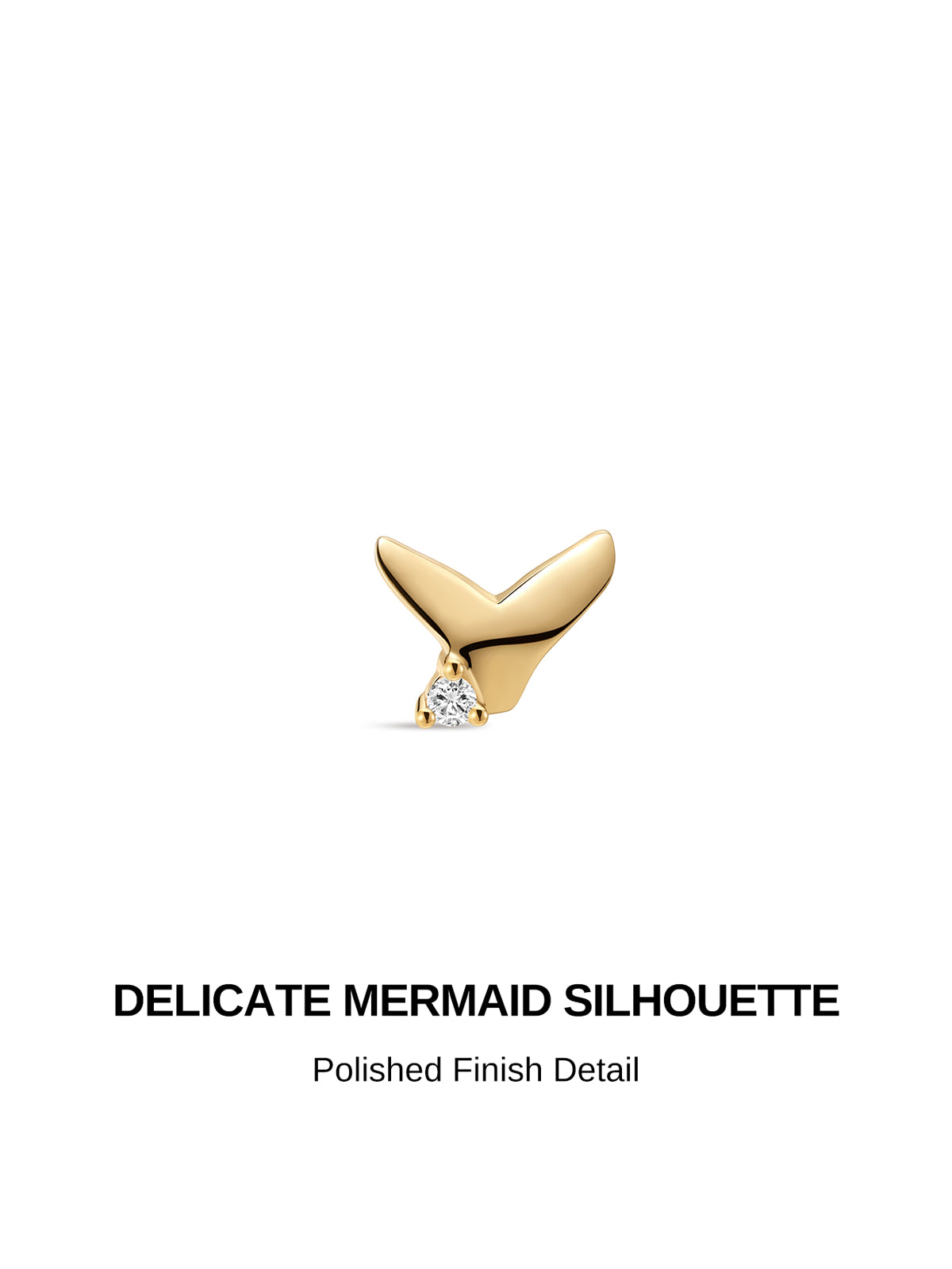 KOSINER Seaspritz delicate mermaid tail silhouette graphic, polished 14K solid gold finish with prong-set clear accent cubic zirconia at the base, ocean-inspired internally threaded flat back cartilage piercing stud