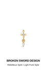BROKEN SWORD DESIGN graphic banner, 14K solid gold dangling sword flat back piercing stud, rebellious spirit light punk jewelry