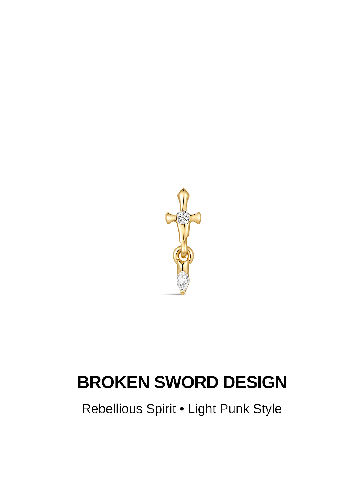 BROKEN SWORD DESIGN graphic banner, 14K solid gold dangling sword flat back piercing stud, rebellious spirit light punk jewelry