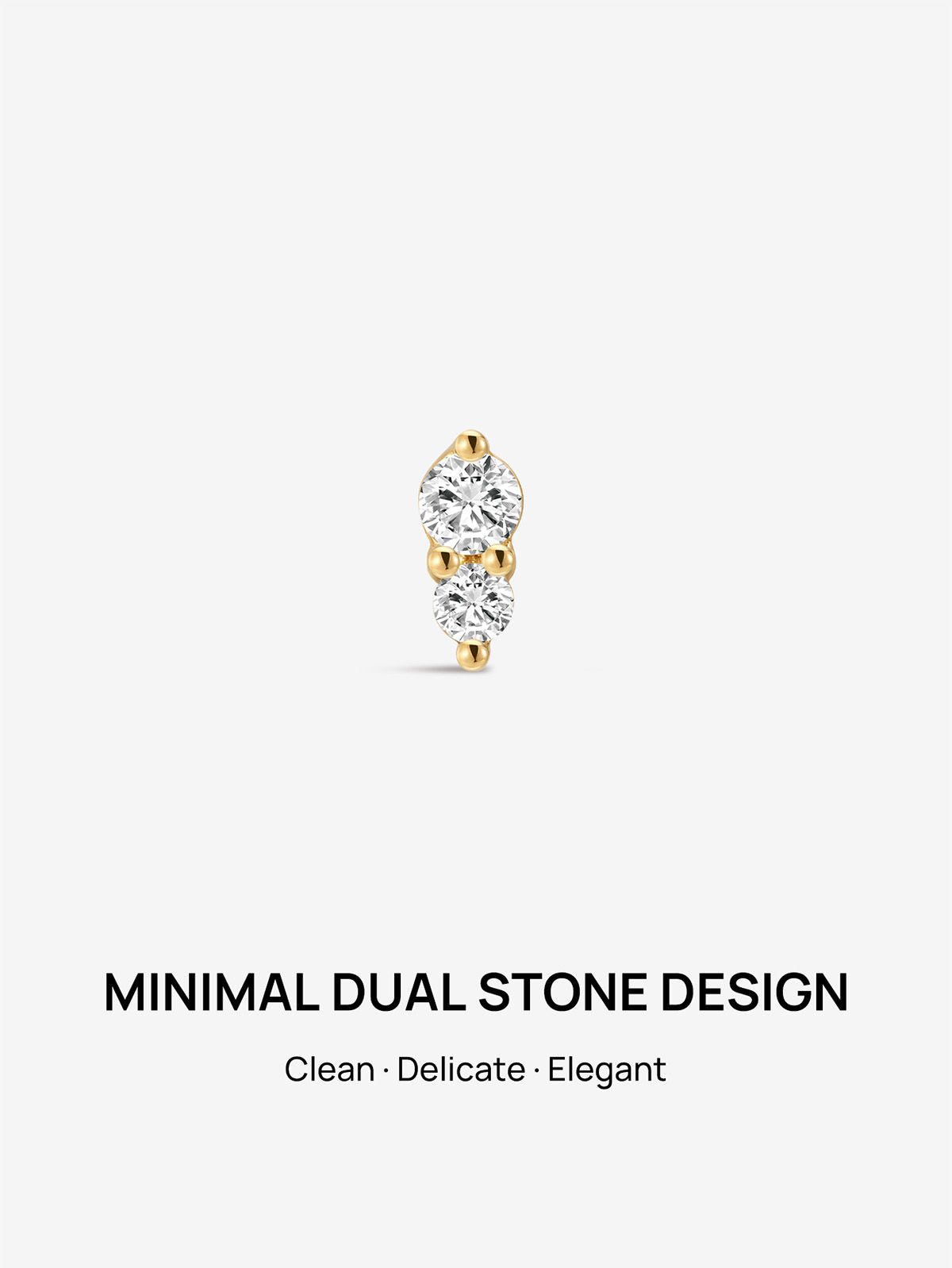 KOSINER 14K Solid Gold Double Clear CZ Ear Stud, Internally Threaded Flat Back Piercing Jewelry