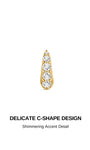 Close-up product detail graphic of the pavé CZ encrusted curved front piece, headline DELICATE C-SHAPE DESIGN, subtext Shimmering Accent Detail highlighting sparkling graduated stone detailing
