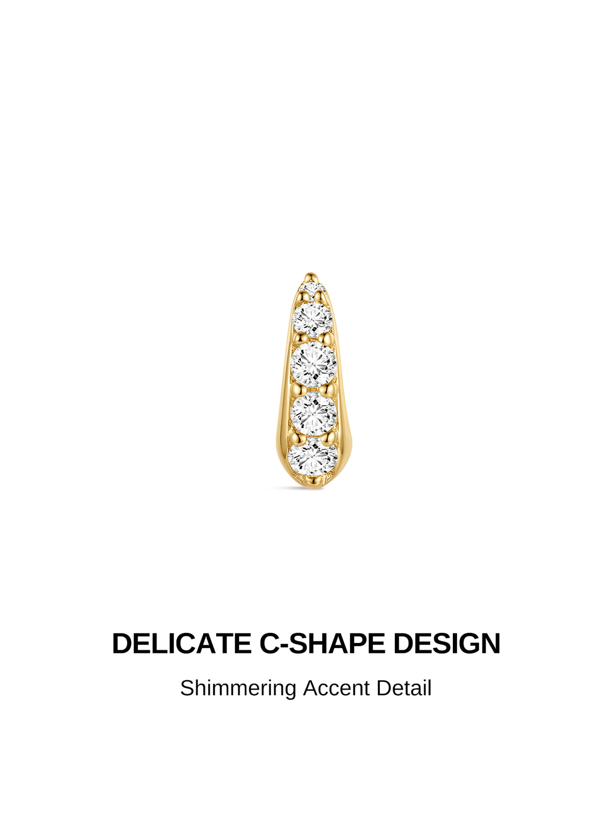 Close-up product detail graphic of the pavé CZ encrusted curved front piece, headline DELICATE C-SHAPE DESIGN, subtext Shimmering Accent Detail highlighting sparkling graduated stone detailing