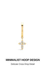 KOSINER minimalist cross drop clicker hoop earring, polished 18K gold vermeil plated 925 sterling silver huggie hoop, detachable pave clear cubic zirconia cross charm pendant, hinged seamless closure dangle cartilage piercing hoop design
