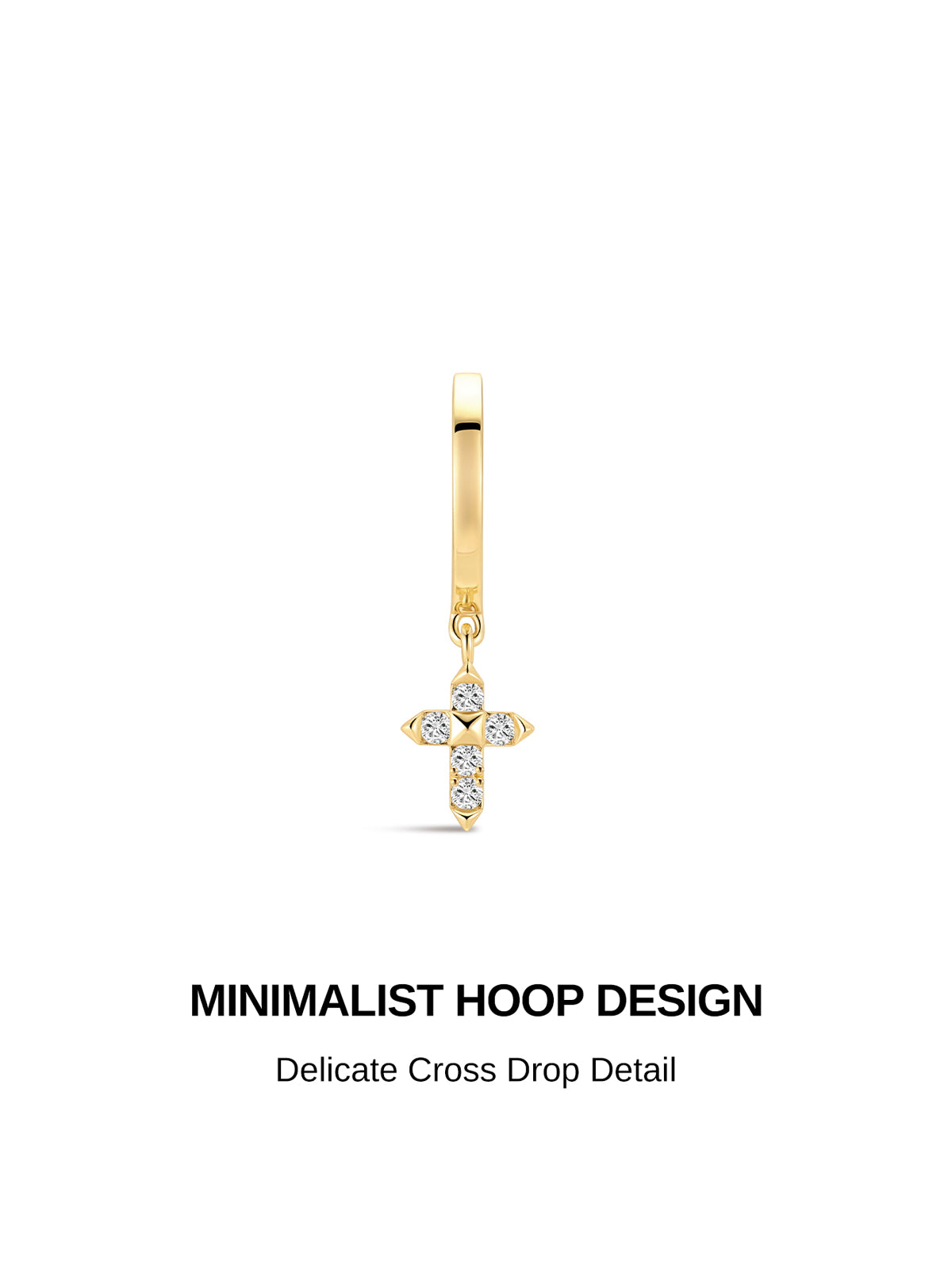 KOSINER minimalist cross drop clicker hoop earring, polished 18K gold vermeil plated 925 sterling silver huggie hoop, detachable pave clear cubic zirconia cross charm pendant, hinged seamless closure dangle cartilage piercing hoop design