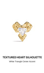 KOSINER Hand Hammered 14K Solid Gold Heart Flat Back Stud front view, unique irregular heart silhouette with organic dimpled hand-hammered texture, central triangle-cut clear cubic zirconia secured by three prongs, polished 14K solid gold internally threaded hypoallergenic labret cartilage earring