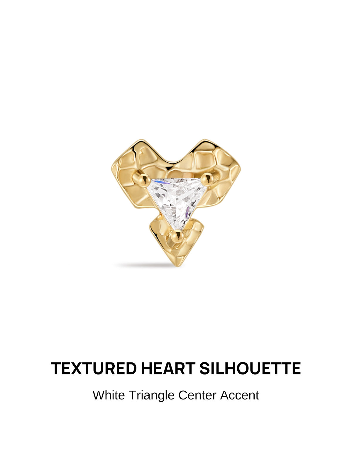 KOSINER Hand Hammered 14K Solid Gold Heart Flat Back Stud front view, unique irregular heart silhouette with organic dimpled hand-hammered texture, central triangle-cut clear cubic zirconia secured by three prongs, polished 14K solid gold internally threaded hypoallergenic labret cartilage earring