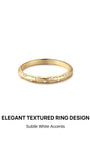 KOSINER Hand Hammered 925 Sterling Silver Delicate Textured Ring front view, gold-plated slim band with organic hand-hammered textured surface, scattered tiny round clear CZ stone accents, minimalist stacking band ring