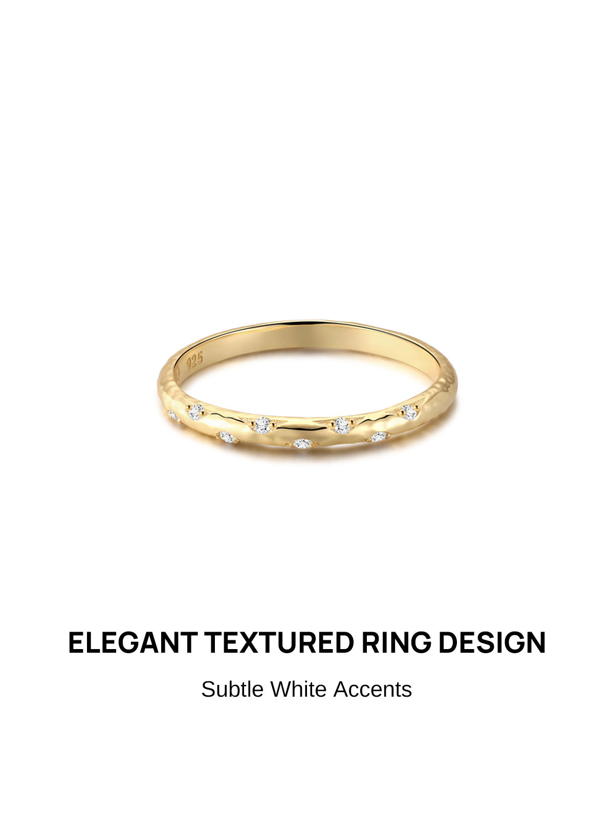 KOSINER Hand Hammered 925 Sterling Silver Delicate Textured Ring front view, gold-plated slim band with organic hand-hammered textured surface, scattered tiny round clear CZ stone accents, minimalist stacking band ring