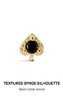 KOSINER Hand Hammered 14K Solid Gold Black Spade Flat Back Stud front view, classic spade silhouette with dimpled hand-hammered texture, center round black gem secured by three bead prongs, polished 14K solid gold internally threaded hypoallergenic cartilage earring