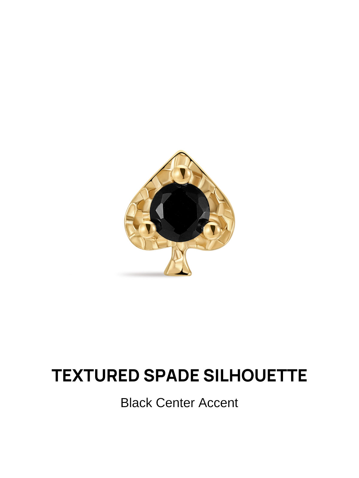 KOSINER Hand Hammered 14K Solid Gold Black Spade Flat Back Stud front view, classic spade silhouette with dimpled hand-hammered texture, center round black gem secured by three bead prongs, polished 14K solid gold internally threaded hypoallergenic cartilage earring