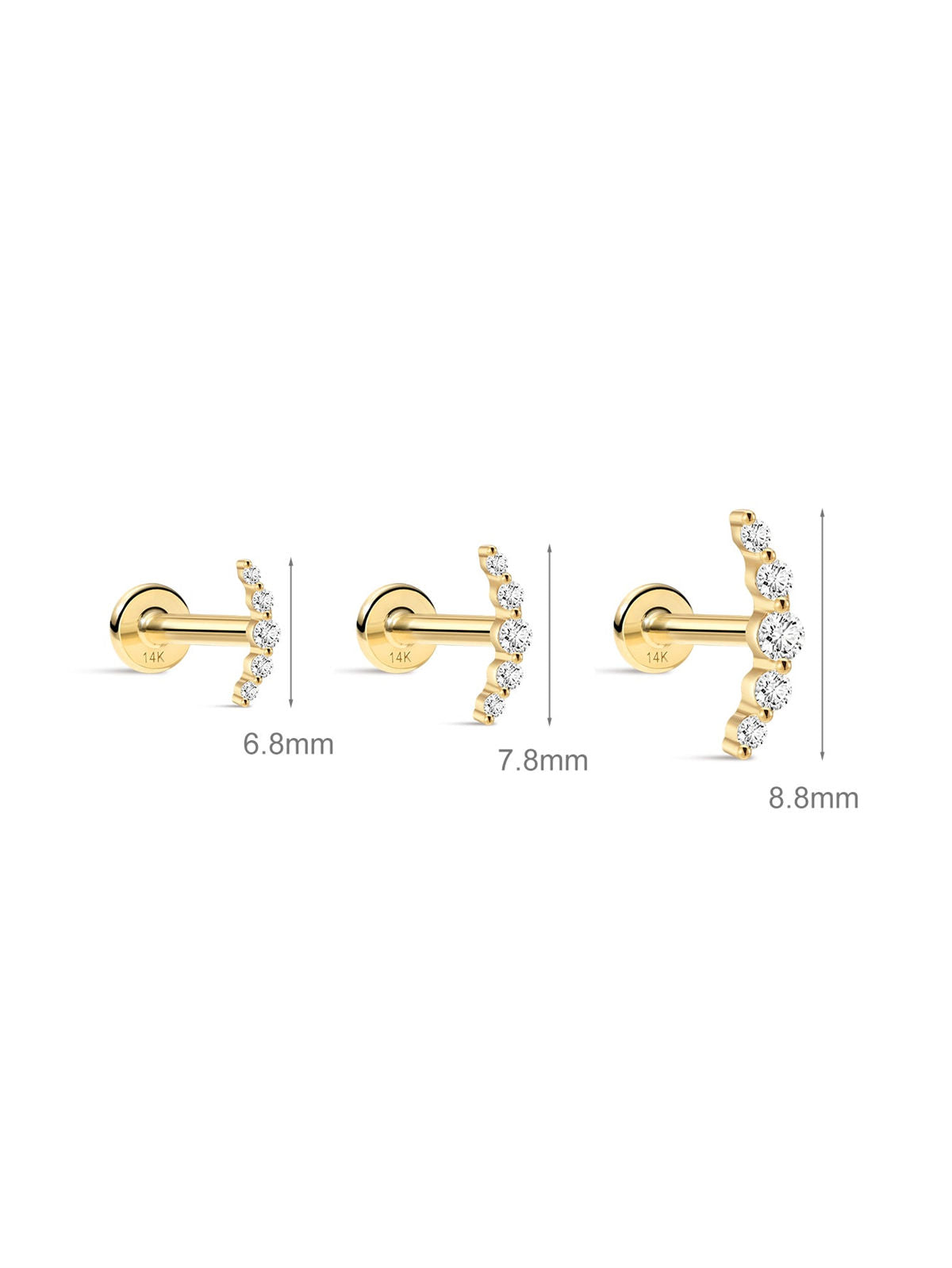 KOSINER Crescent Stud Sizes: 6.8mm / 7.8mm / 8.8mm 14K Gold Piercing Jewelry
