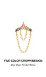 KOSINER five-color crown dual chain pendant 14K solid gold flat back stud, pear & round rainbow cz cluster internal threaded cartilage piercing earring with stamped 14K post